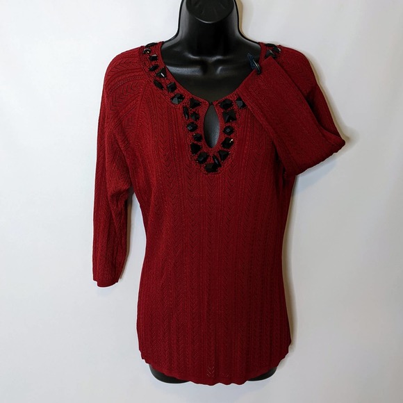 Emma Jean's Red Jeweled Keyhole Neck Medium Weight Sweater Size Medium NWOT - Picture 3 of 6